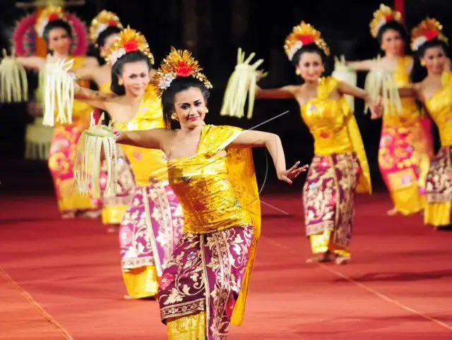 traditional balinese pendet dance is performed to welcome guests