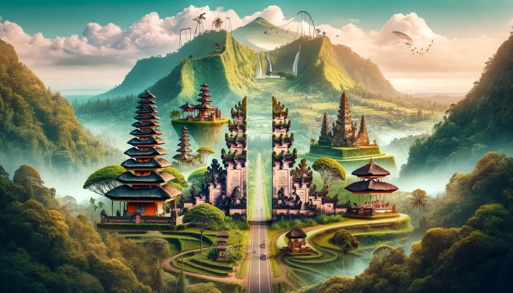 landscape-oriented image blending together iconic landmarks of Bali, Indonesia. The scene includes the Campuhan Ridge Walk with its lush greenery