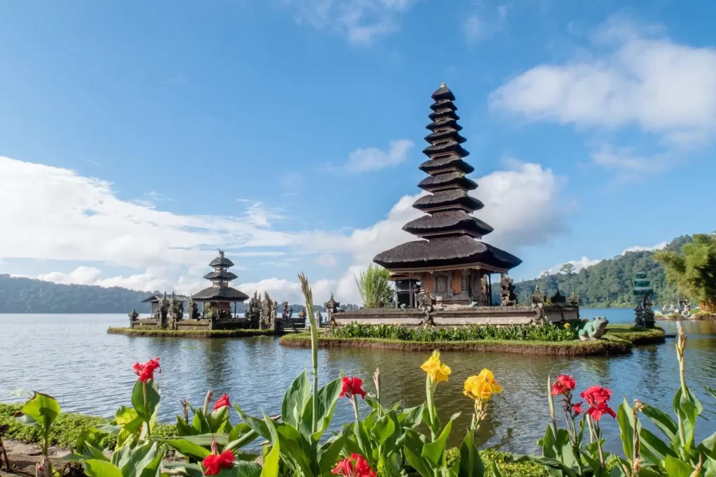 balinese temples: pura ulun danu bratan is standing on clear mirror of danu bratan lake