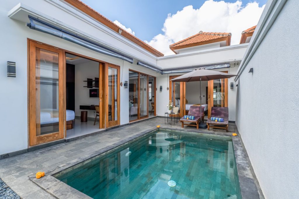 Villa Mata Olbia private courtyard pool with sun loungers near Ubud, Bali